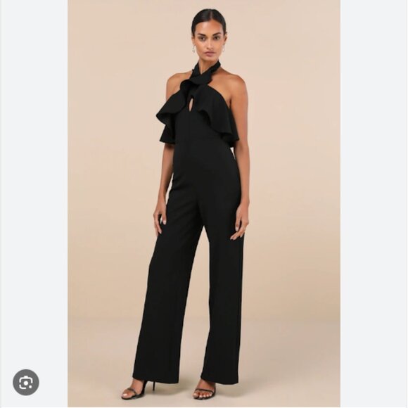 Lulus Elegant Flair Black Ruffled Wide-Leg Halter Jumpsuit Wedding Party M NWT - Picture 1 of 7